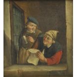 * Manner of Egbert van Heemskerck I (1634-1704). Two Figures by a Tavern Window, oil on oak panel,