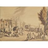 * After Thomas Rowlandson (1756-1827). Entrance of Tottenham Court Road Turnpike, with a View of