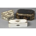 * Boxes. A Victorian papier maché work box, decorated in the Chinoiserie style, the hinged lid