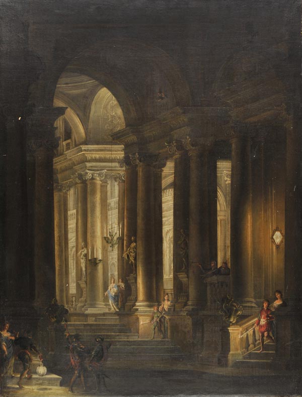 * Italian School. Church interior with figures and guards, 18th century, oil on canvas, showing the