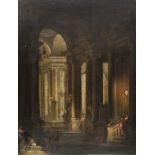 * Italian School. Church interior with figures and guards, 18th century, oil on canvas, showing the