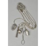 * Chatelaine. A George III cut steel chatelaine, with five chains supporting an acorn pin cushion,