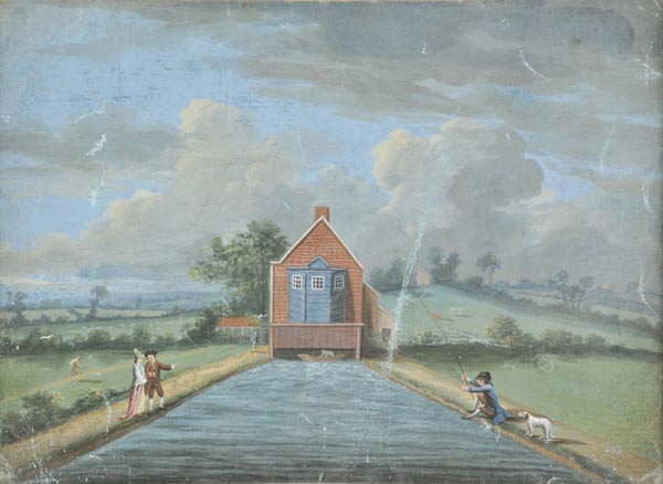 * English School. Sluice House, New River, 1779, gouache on paper, showing a brick and timber
