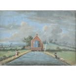 * English School. Sluice House, New River, 1779, gouache on paper, showing a brick and timber