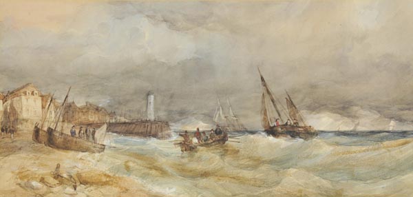 * Follower of Thomas Bush Hardy (1842-1897). Boats in a rough sea off a coastline featuring houses,