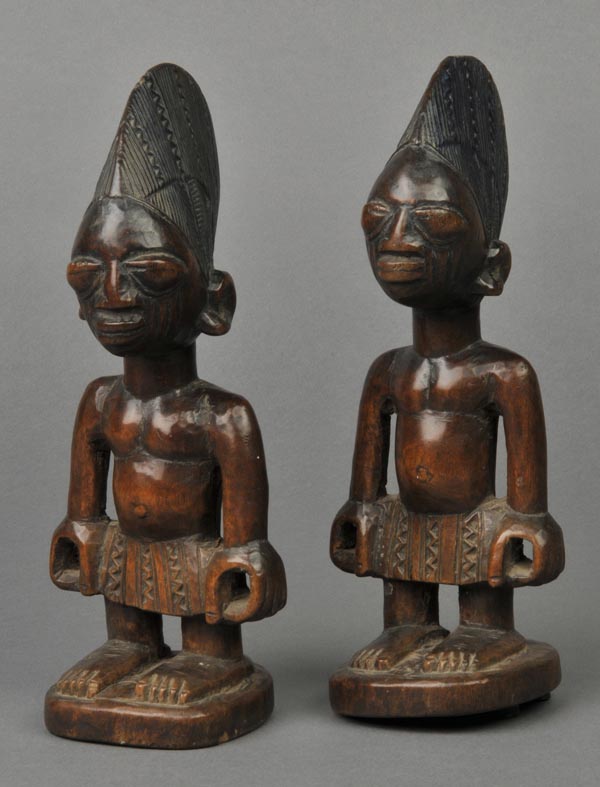 * Nigeria. A pair of Yoruba tribe Ere Ibeji twins, well carved with carved raised headdresses and