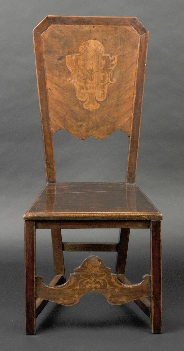 * Chair. A Venetian inlaid walnut chair, probably early 19th century, the high tapered back with