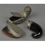 * Snuff boxes. A Scottish pottery snuff mull, with hinged pewter cover, 7cm long, a hoof snuff box