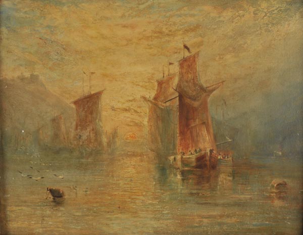 * Dawson (Henry, 1811-1878). Shipping at Dusk, oil on board, seascape with sailing boats on calm