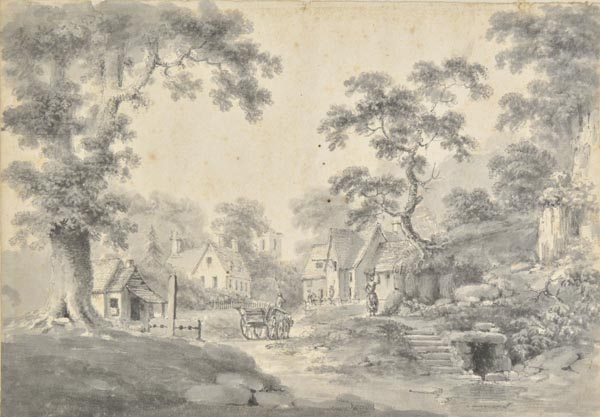 * English School. A pair of rustic landscapes, two grisaille watercolours, one showing a village