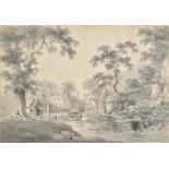 * English School. A pair of rustic landscapes, two grisaille watercolours, one showing a village