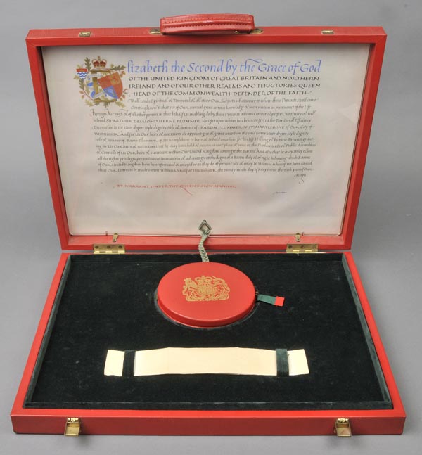 Elizabeth II. Royal Letters Patent on vellum appointing Sir Arthur Desmond Herne Plummer to be Baron