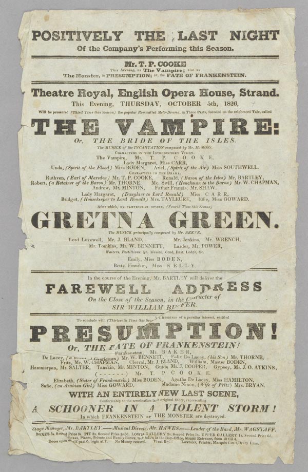 The Vampire / Frankenstein Playbill. Positively the Last Night of the Company's Performing this