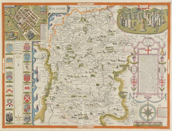 Wiltshire Speed (John), Wilshire, [1616], engraved map with contemporary hand colouring, inset