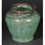 *Monart. A glass vase with inverted rim multi coloured banding and aventurine decoration on a