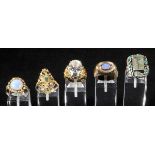 *Rings. Five various rings,  including a Continental yellow gold ring stamped 585 set with