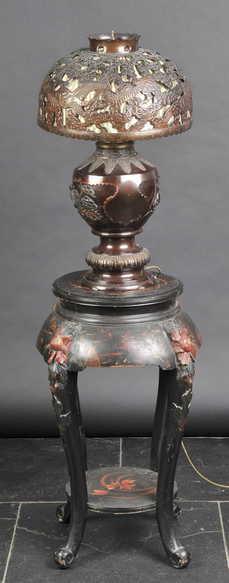 *Japanese Lamp. A Japanese bronze table lamp in the Meiji style,  cast with panels of exotic