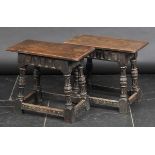 *Stools. A pair of Antique joint oak stools, probably 18th century,  each with rectangular top