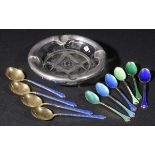 *Spoons. Four Art Deco Danish silver gilt teaspoons,  each with blue enamel stems, stamped 'Ela
