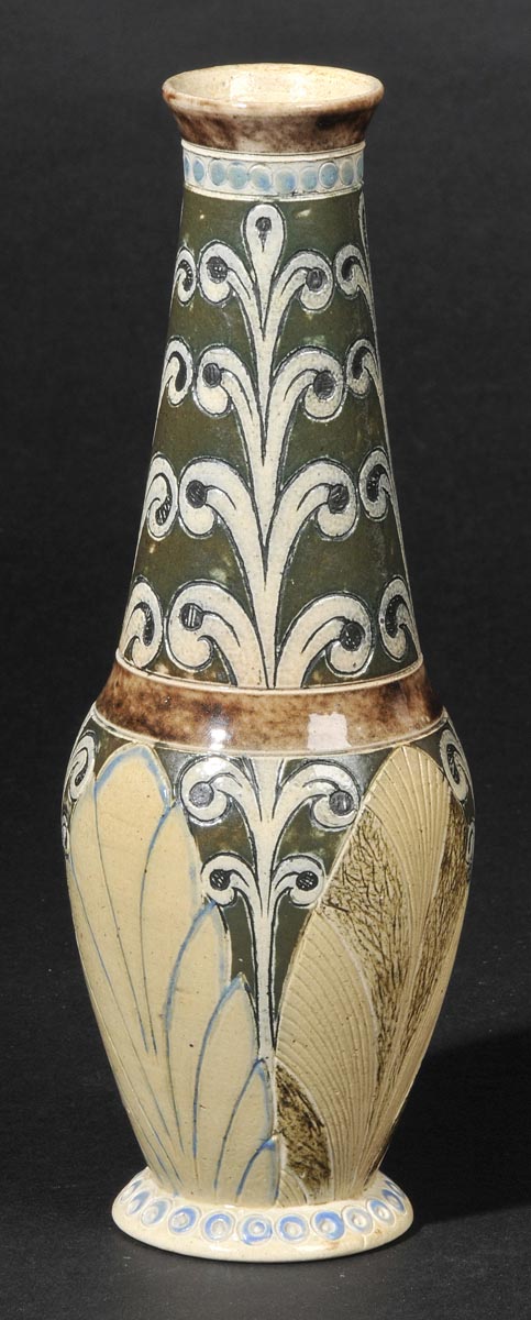 *Martin Brothers. A pottery vase circa 1885,  the elongated neck with ovoid base, blue, green and