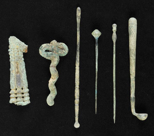 *Roman Bronze. A collection of Roman bronze implements and pins, various dates, 2nd to 4th century,