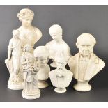 *Parian Ware. A collection of Victorian Parian busts,  including a Classical maiden wearing a flower