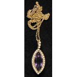 *Amethyst. An Edwardian navette shaped pendant,  the central facet cut stone surrounded by pearls