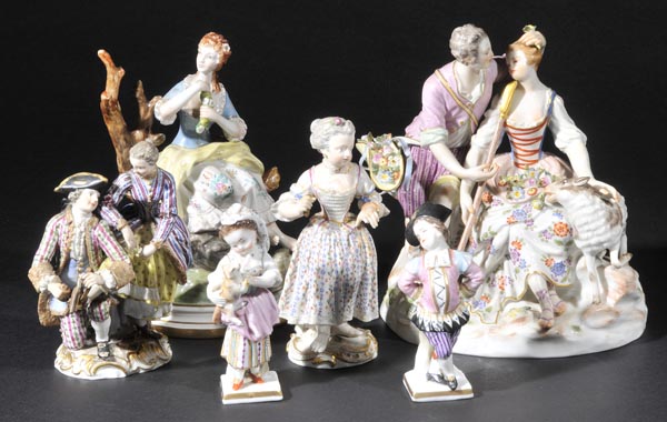 *Porcelain Figures. A collection of porcelain figures including a 19th-century Meissen figural