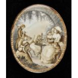 *Brooch. A Georgian oval brooch,  painted on ivory depicting a family meal, mounted in a yellow