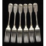 *Forks. A set of six George III silver fiddle pattern table forks, by James Barber, George Cattle II