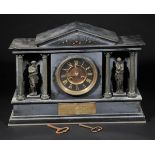*Mantel Clock. A 19th century Belgian slate clock, of architectural form,  the copper dial with