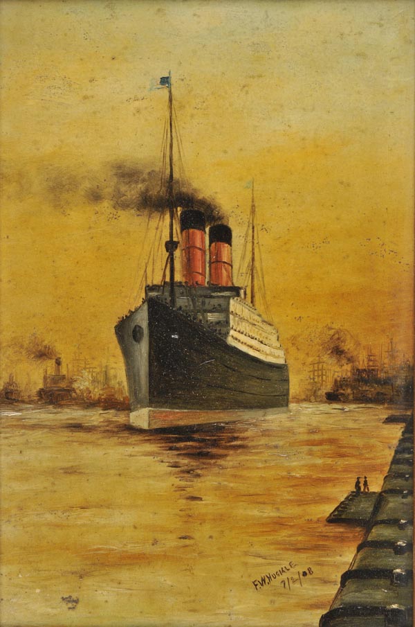 *Cunard Line. A twin-funnel Cunard Line steamship leaving harbour, 1908,  oil on Winsor & Newton