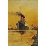 *Cunard Line. A twin-funnel Cunard Line steamship leaving harbour, 1908,  oil on Winsor & Newton