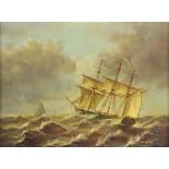 *Laurent (Jean, 1816-1886). A three-masted ship and two sailing boats in rough sea, circa 1870,  oil
