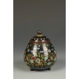 A SMALL JAPANESE CLOISONNÉ TRIPOD KORO AND COVER of tapering rounded form, the finial finely