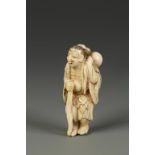 A JAPANESE IVORY NETSUKE OF A SENNIN, the figure holding a staff and with a gourd sack draped over