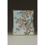 A JAPANESE CLOISONNÉ RECTANGULAR PANEL showing two birds perched amongst wisteria and other blossom,