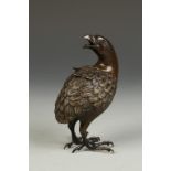 A JAPANESE BRONZE 'QUAIL' KORO, the bird with its' head turned backwards, the cover formed as finely