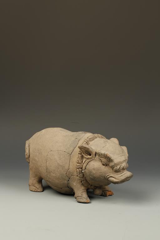A MAJAPAHIT TERRACOTTA WILD BOAR MONEY BANK, the creature with incised facial features and wearing a