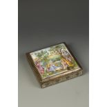 AN ISFAHAN SILVER AND ENAMEL SQUARE BOX, the cover decorated with figures in a landscape, the