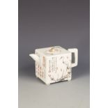 A CHINESE ENAMELLED SQUARE TEAPOT decorated with birds and calligraphy, late Qing/Republic, 6.75"