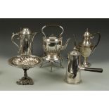 AN ELECTROPLATED KETTLE ON STAND of oval form with part fluted decoration, 13.25", a tazza, a