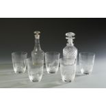 FIVE ENGRAVED GLASSES, and two decanters