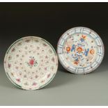 TWO CHINESE 18TH CENTURY DISHES, one in Imari style, 15" dia.; the other in famille rose, 14.5" dia.