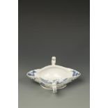 A WORCESTER BLUE AND WHITE PORCELAIN SAUCE BOAT, double lipped with two handles, 'Landscape'