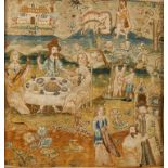 A 17TH CENTURY NEEDLEWORK PICTURE, depicting three figures picnicking in a country park surrounded
