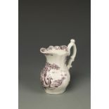 A WORCESTER LOBED BALUSTER SHAPED CREAM JUG, with scroll handle, painted in purple monochrome with