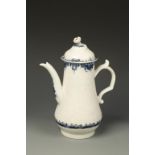 A WORCESTER BLUE AND WHITE PORCELAIN COFFEE POT AND COVER, the flowerhead and leaf-moulded ground