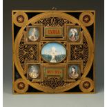 A FRAMED SET OF FIVE INDIAN MINIATURES, showing the Taj Mahal with four portraits including Mumtaz