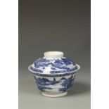 A CHINESE BLUE AND WHITE COVERED BOWL, decorated with landscapes, Qing, 18th/19thC, 4.5" dia.